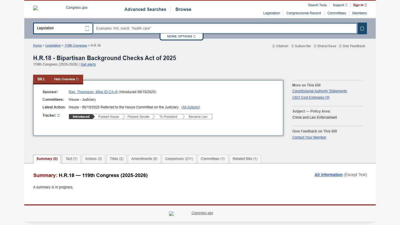H.R.18 - 119th Congress (2025-2026): Bipartisan Background Checks Act of 2025 | Congress.gov | Library of Congress