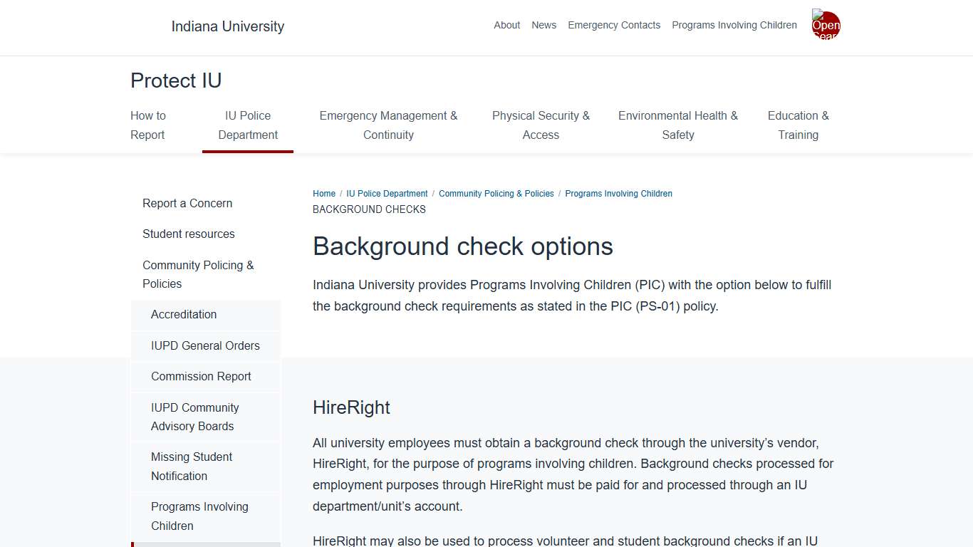 Background Checks: Programs Involving Children: Community Policing & Policies: IU Police Department: Protect IU: Indiana University